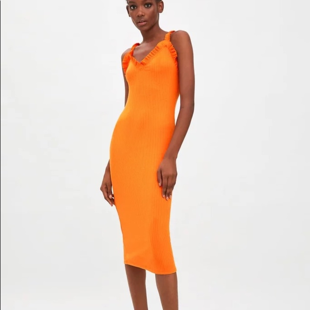 Zara Neon orange ribbed midi dress.. ruffled strap